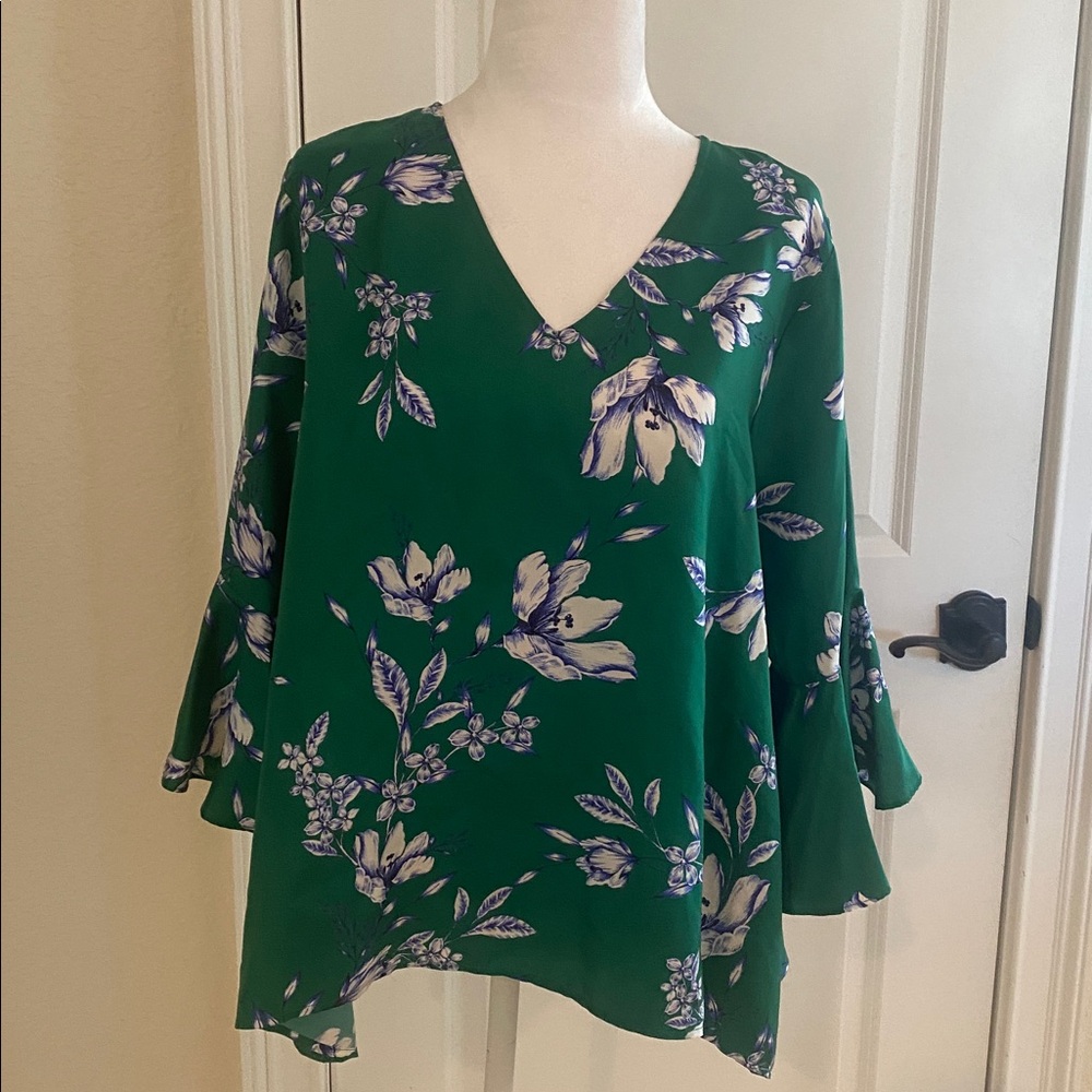 LaRoque Silk Floral Green Blouse with Bell Sleeves. Like new.